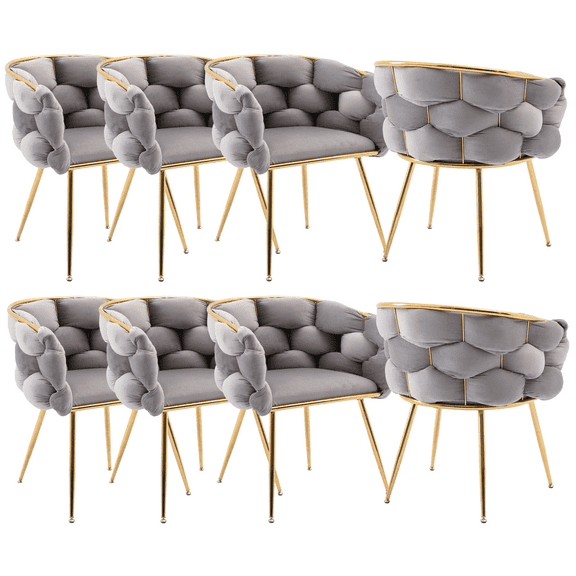 Luxury Velvet Single Sofa Chair, Modern Dining Chair with Golden Metal Legs, Upholstered Dining Chairs, Accent Desk Chair for Dining Room, Kitchen, Vanity, Living Room(Grey,Set of 8)