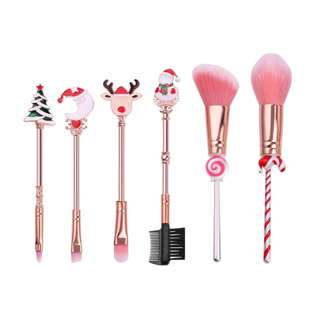 Juego de 6 brochas de maquillaje con mango de dibujos animados navideños para colorete, base, cejas, sombra de ojos, labios, Navidad
