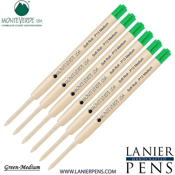 Lanier Combo Pack - 6 Pack - Monteverde SoftRoll Ballpoint P13 Paste Ink Refill Compatible with most Parker Style Ballpoint Pens - Green (Medium Tip 0.7mm)