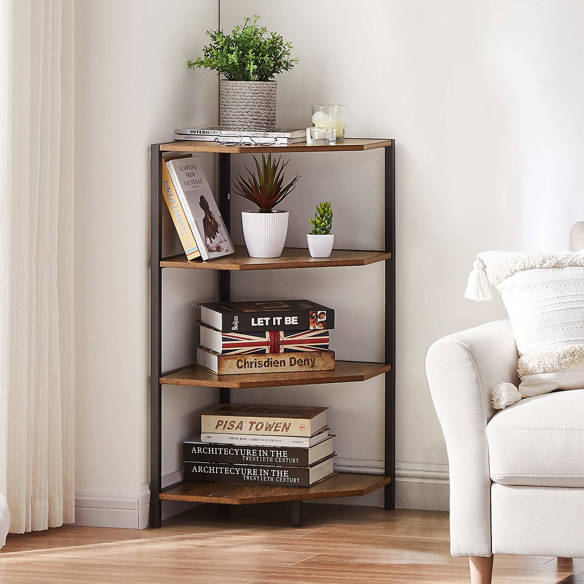 VECELO 4-Tier Corner Shelf, Multipurpose Wood Storage Stand for Small  Spaces, Bedroom, Living Room, Brown