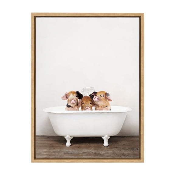 Kate and Laurel Sylvie Three Little Pigs in Vintage Bathtub Framed Canvas Wall Art by Amy Peterson, 18x24 Natural, Baby Animal Art for Wall