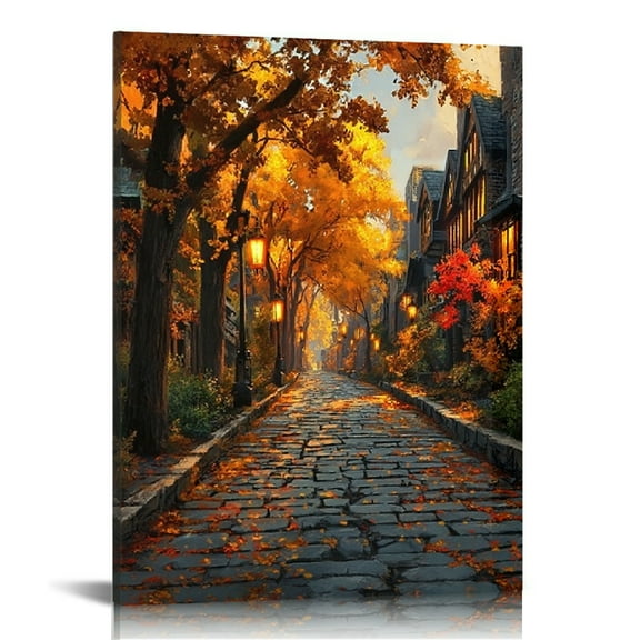 GooTPa Autumn Maple Trees Canvas Wall Art, Vibrant Fall Street Scene Canvas Prints Wall Art for Living Room Bathroom Bedroom Office, Art Print Painting for Home Decorations - 12x16in