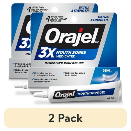 (2 pack) Orajel 3X Medicated for All Mouth Sores Gel with Benzocaine, Oral Pain Reliever, 0.42 oz