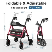 ZOTO Foldable Rollator Walker with Seat for Seniors, Height Adjustable Lightweight Rolling Walker with Sturdy Reinforced Carbon Steel Frame, Red (VR2-RD)