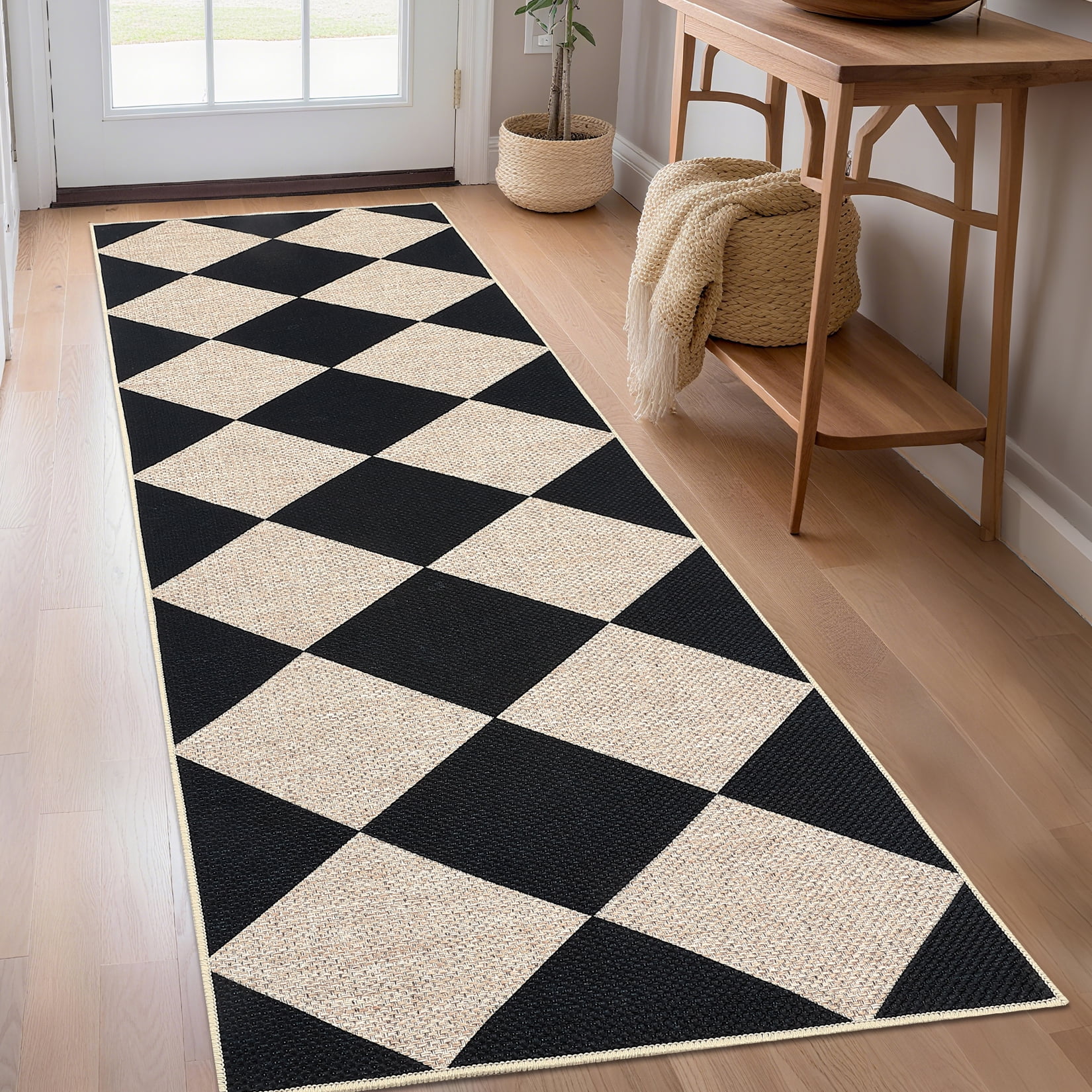 Yesurprise 2'x8' Modern Checkered Runner Area Rugs - Washable Geometric Carpet, Contemporary Indoor/Outdoor Accent Area Rugs with Non-Slip Low Pile - Black and White
