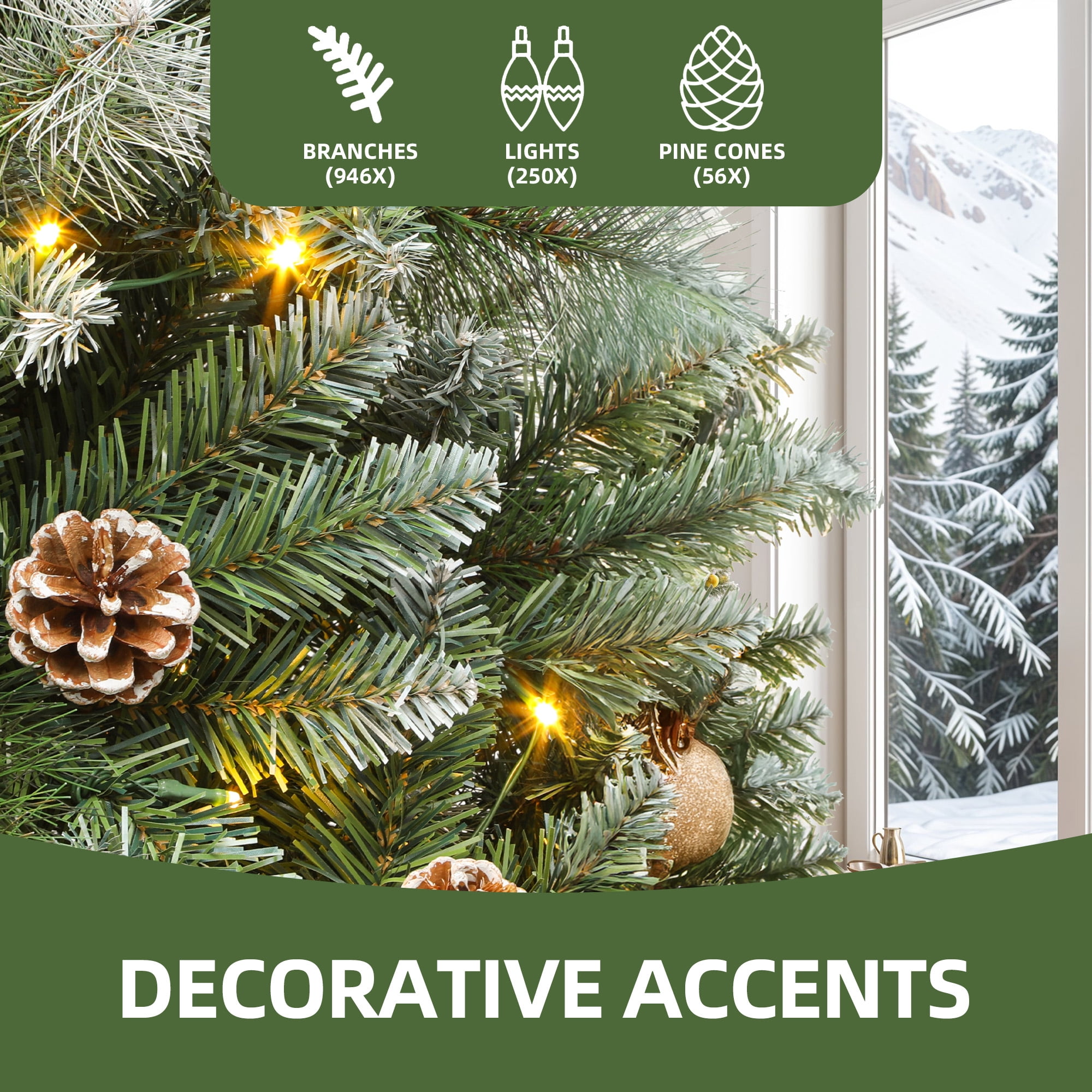Uforic 6ft Prelit  Artificial Christmas Tree with 946 Branch Tips & 250 Lights, Pre-Decorated Scotch Pine Christmas Tree with Remote, 11 Light Modes, 56 Pine Cones, Green