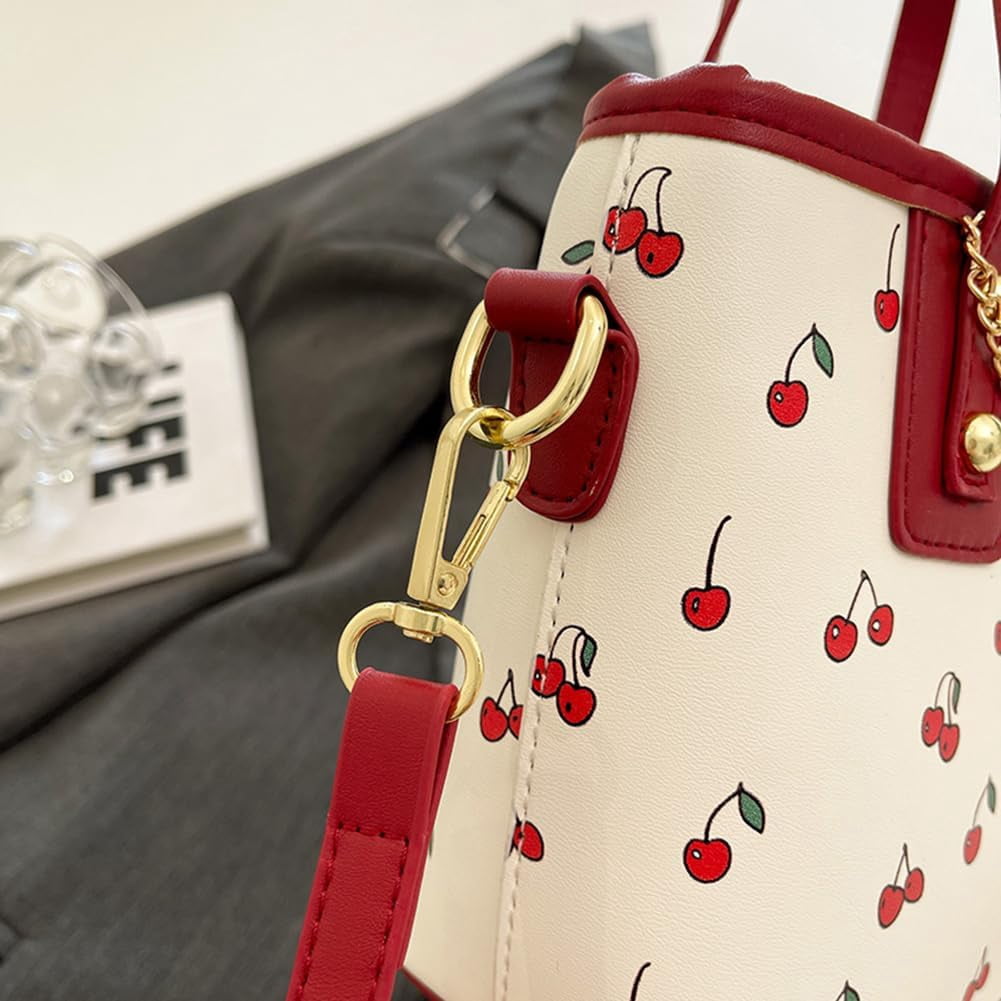 Crossbody Bags for Women, Small Cherry Print Shoulder Bag Cute Leather Tote Bag,Cherry Red Purse with Shoulder Strap