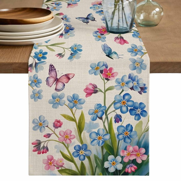 Table Runner 72 Inches Long for Kitchen Dining, Blue Spring Floral Dresser Scarf Farmhouse, Dining Table Decorations for Wedding/Parties, Pink Flowers Butterfly Rustic 16 x 72 In