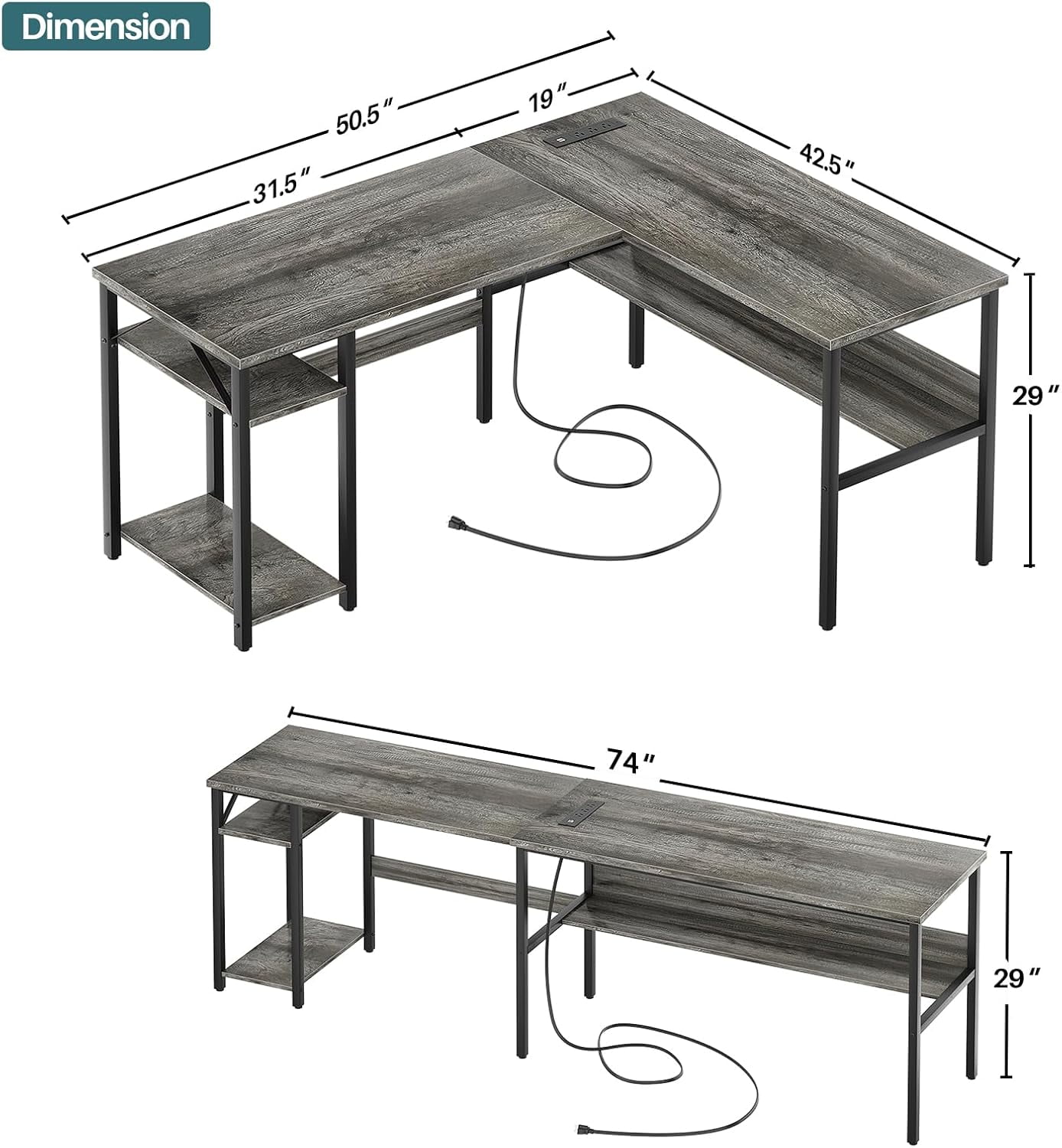 iSunirm Home Office L Shaped Desk with Magic Power Outlets and USB Charging Ports, 50.4"D x 42.5"W x 29"H, Storage Shelves, Reversible L Shaped Desk, Both Suitable for Students&Adults, Oak