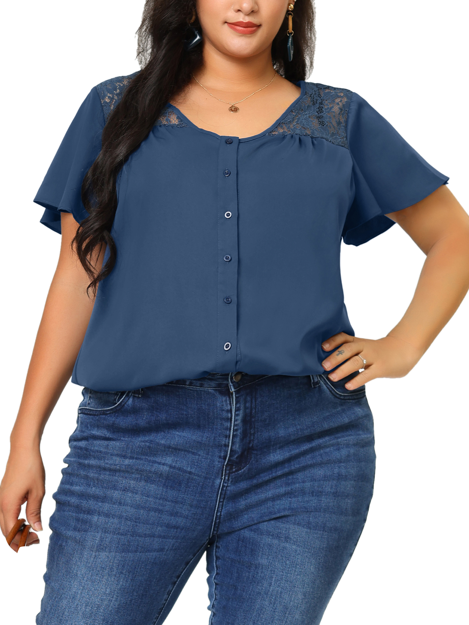 Unique Bargains Women's Plus V Neck Full Placket Flare Short Sleeve Summer Peplum Blouses