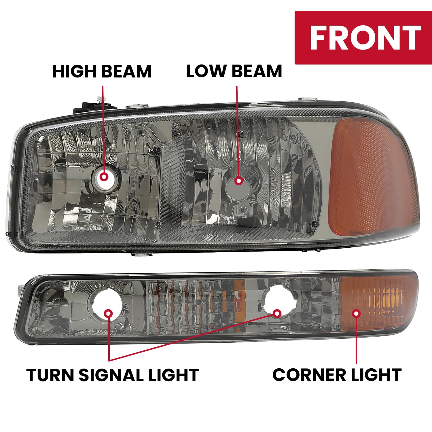 Kojem Pair Headlight for 1999-2007 GMC Sierra 1500 2500 3500 C3 Yukon w/Corner Light Replacement for 15850352 15850351 Halogen Headlamp Smoke Lens Chrome Housing