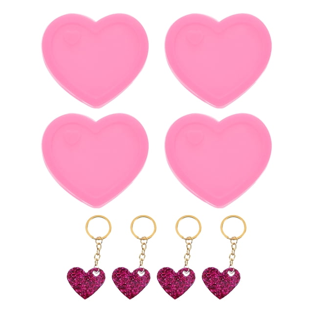 Uxcell 4 Pcs Moldes de Resina en Forma de Corazón Silicona Kit de Colgante para Llaveros, Rosa
