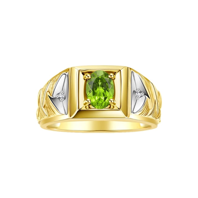 RYLOS Men's Rings 14K Yellow Gold Rings Designer Weave Band 7X5MM Oval Gemstone & Diamond Ring Peridot August Birthstone Rings For Men, Size 12