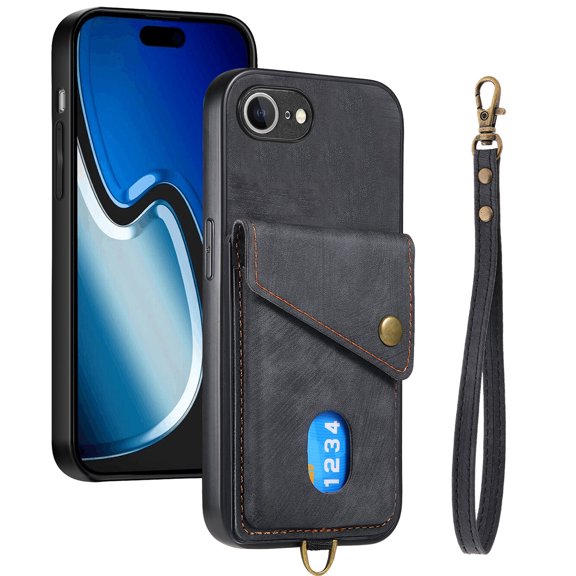 Dteck Wallet Case for iPhone 16E, Shockproof with Wrist Strap and Card Slot Shell Premium PU Leather Magnetic Anti Scratch Cover, Black