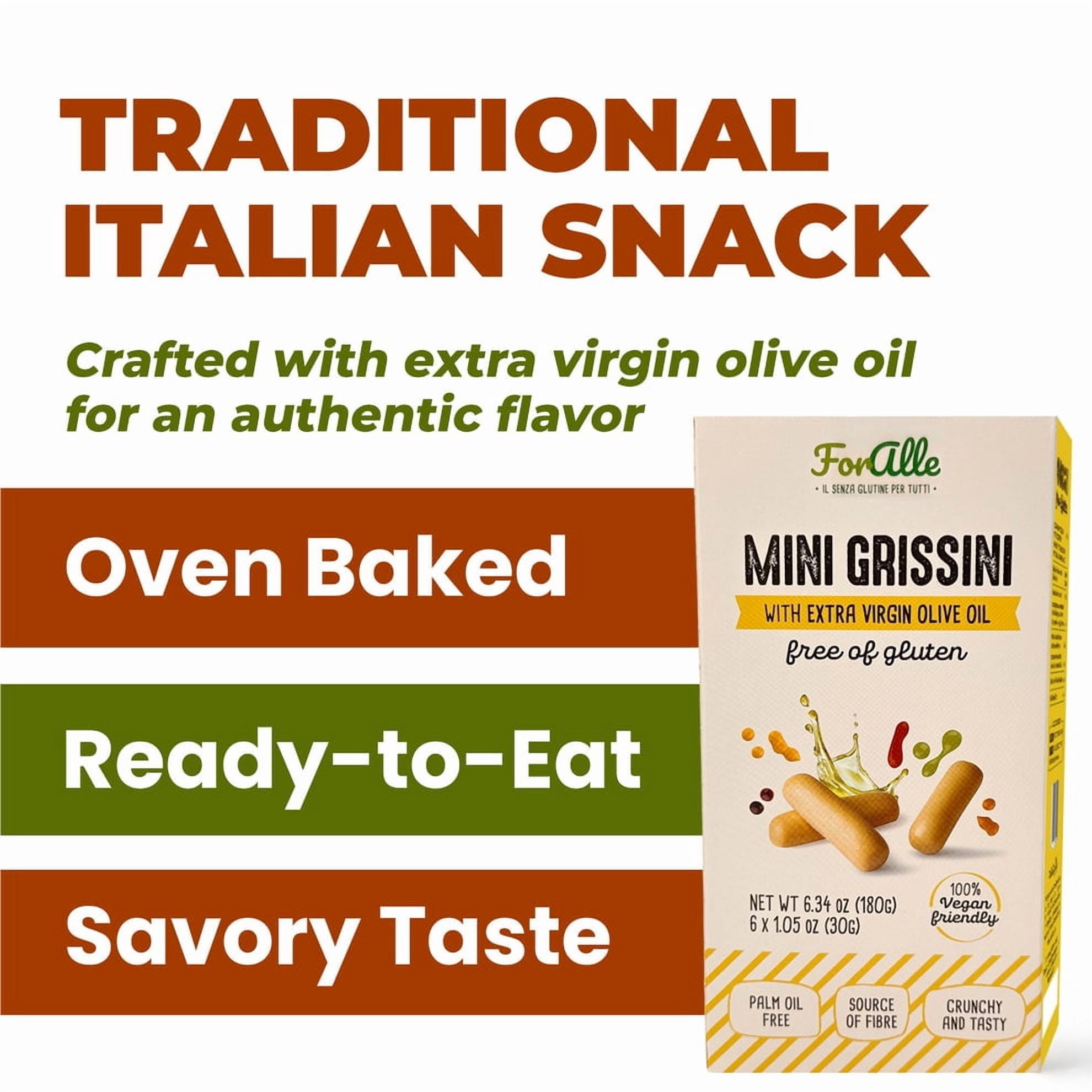 For Alle Gluten Free Mini Grissini with Extra Virgin Olive Oil, 6x1.05 oz (6.34 oz) – Traditional Italian Pugliese Snack. Oven-Baked. Vegan. Cholesterol-Free. (Pack of 9)