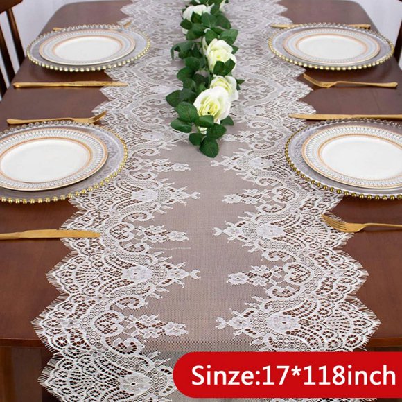 17 x 118 Inch Rustic Lace Table Runner Baby Shower Party Table Decorations White Farmhouse Vintage Decor for Rectangle Table