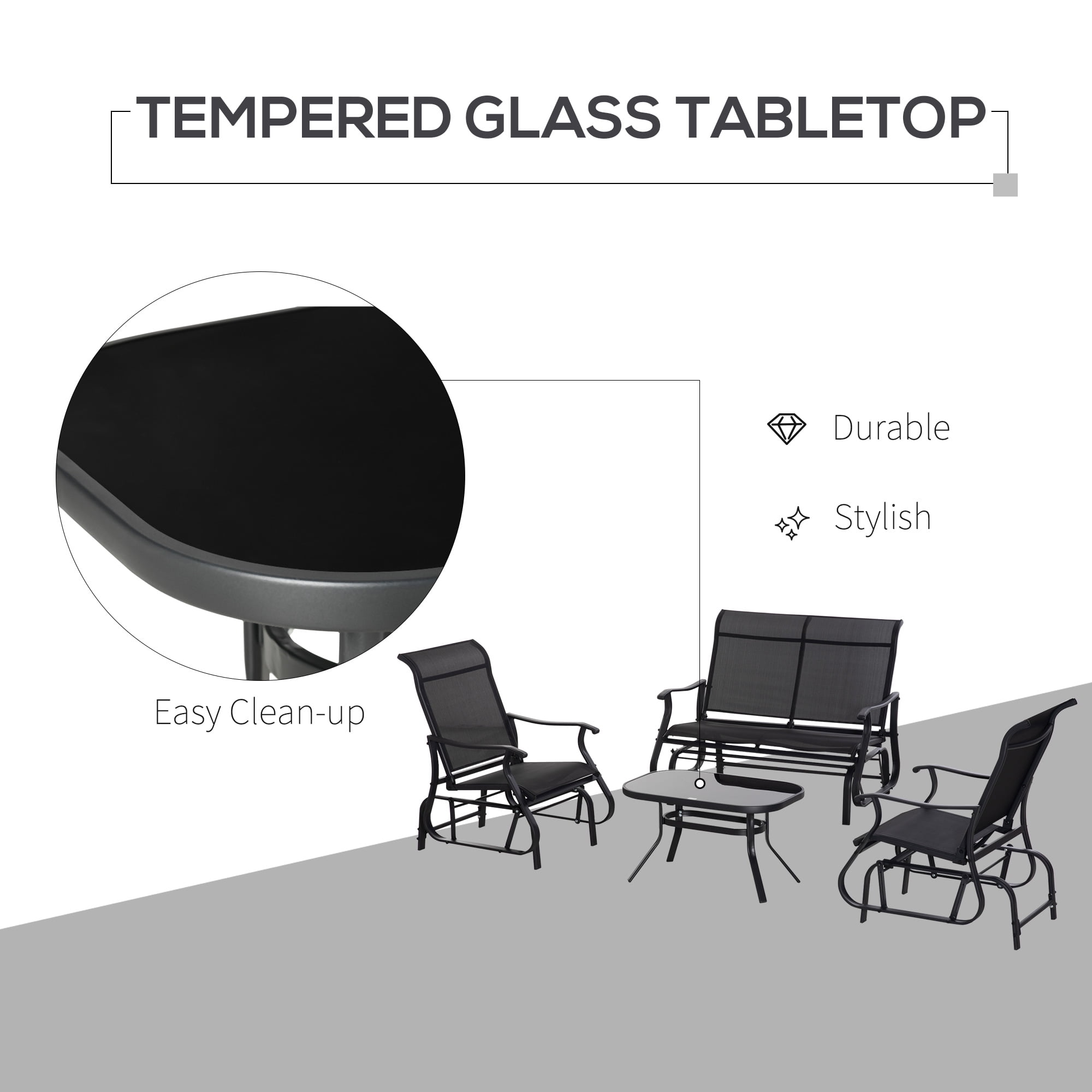 Outsunny 4 Pieces Gliders Set, Outdoor Furniture Sets with 2-Person Glider Patio Bench, Single Sling Chair and Glass Coffee Table, Black