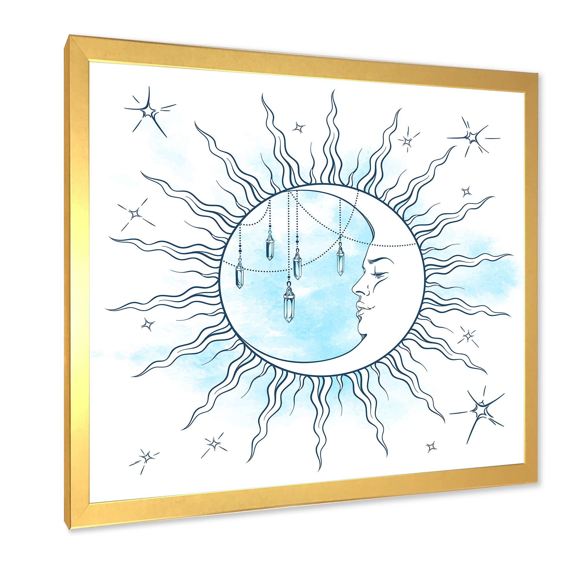 Blue Crescent Moon With Stars and Moonstone Pendants 16 in x 16 in Framed Painting Canvas Art Print, by Designart
