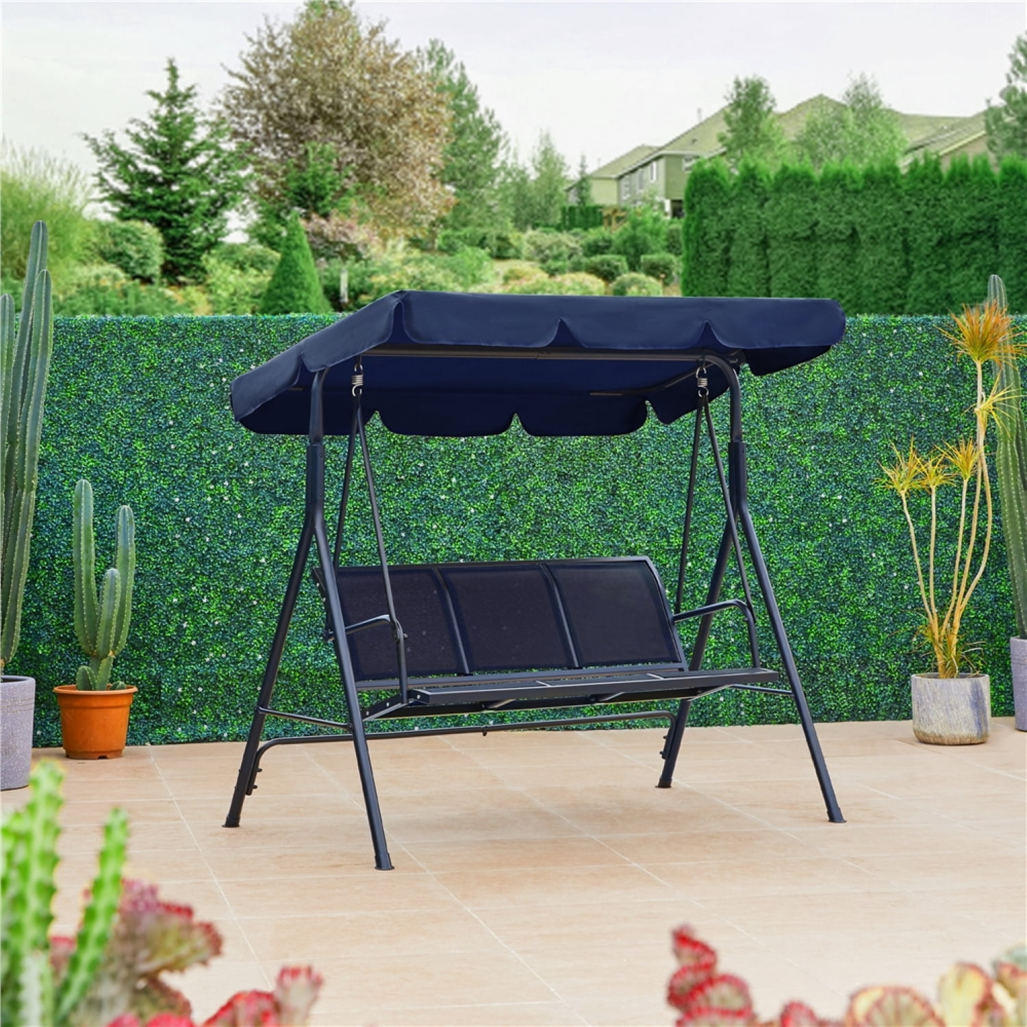 Renwick 3-Seat Outdoor Patio Swing Chair with Adjustable Canopy, Blue