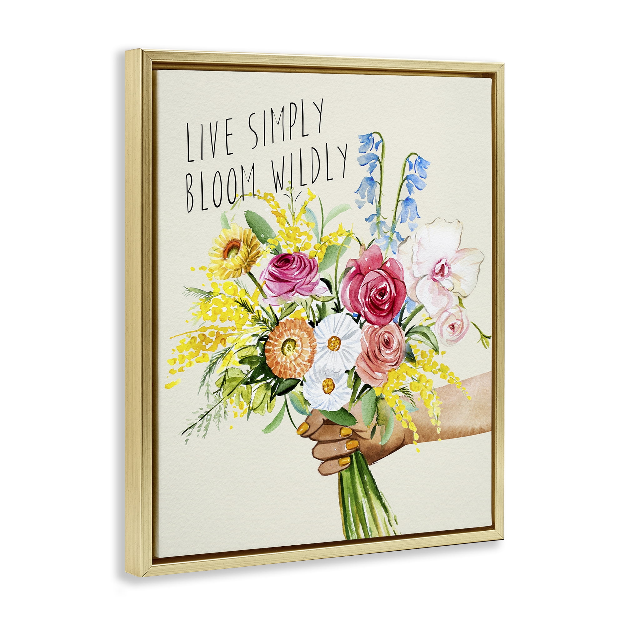 Stupell Industries Live Simply Bloom Wildly Botanical & Floral Painting Gold Floater Framed Art Print Wall Art, 17 x 21