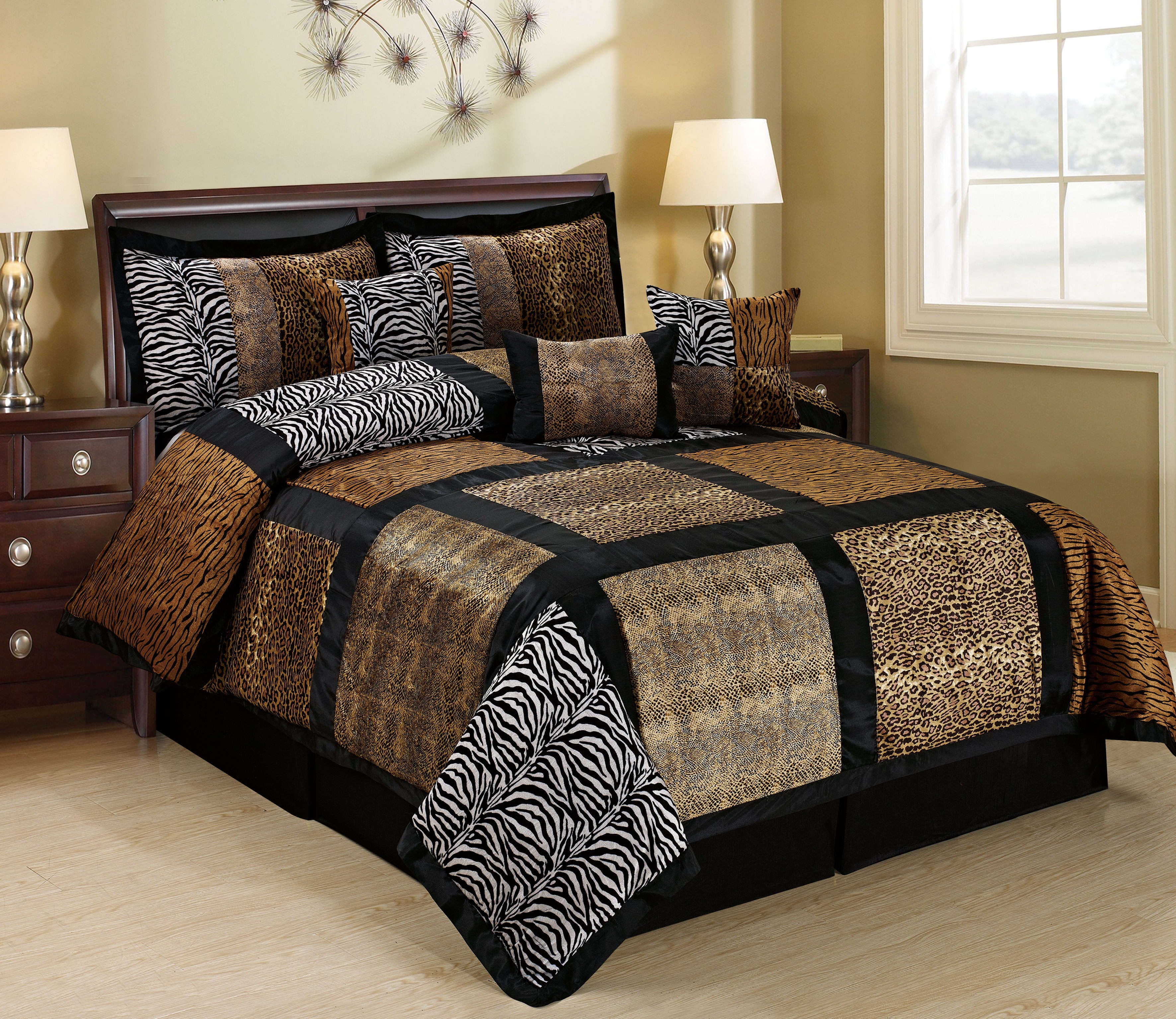 WT 7 Piece Animal Faux Fur Patchwork Comforter Set Queen Size