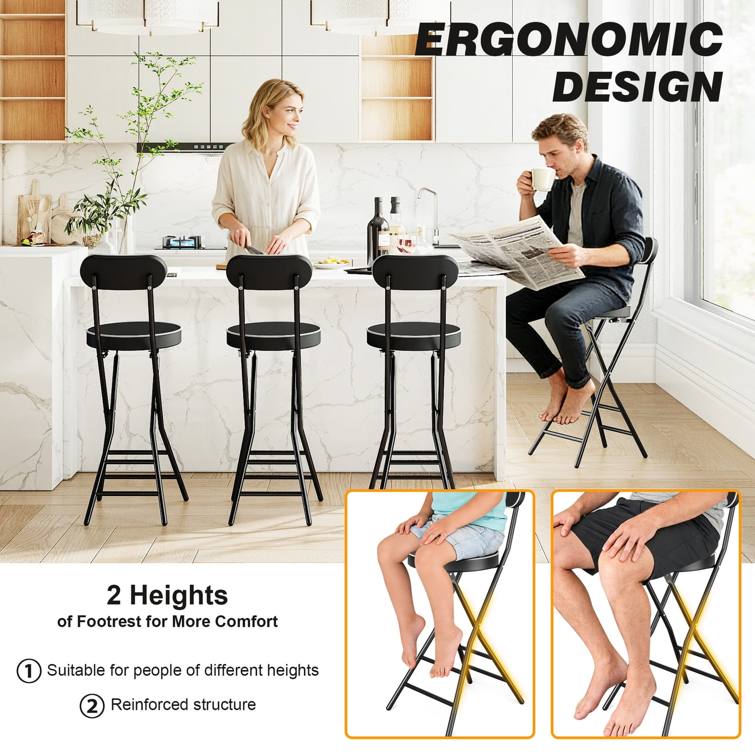 2 Pack 26 inch Height Folding Stool with Backrest and Handle, 400 lbs Capacity, Faux Leather Seat for Outdoor, Camping