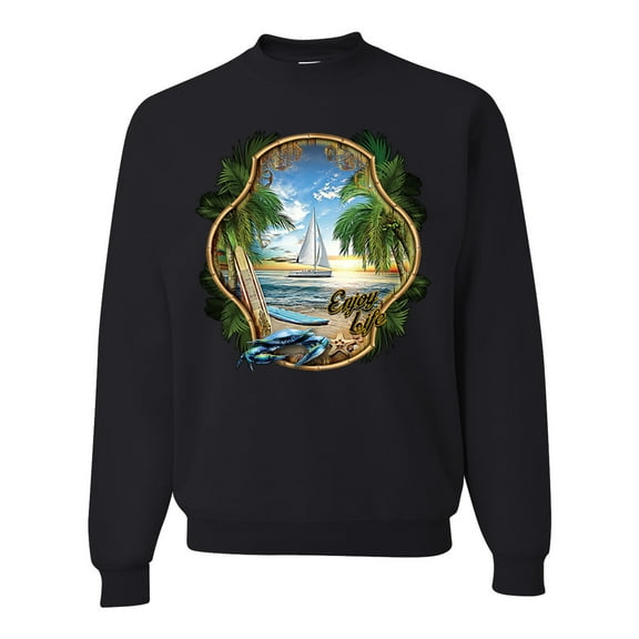 Wild Bobby, Enjoy Life Vintage Beach Surf Sailboat, Pop Culture, Unisex Crewneck Graphic Sweatshirt, Black, Small