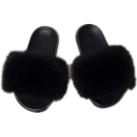 

Women Faux Fur Decor Flat Slippers Fluffy slides