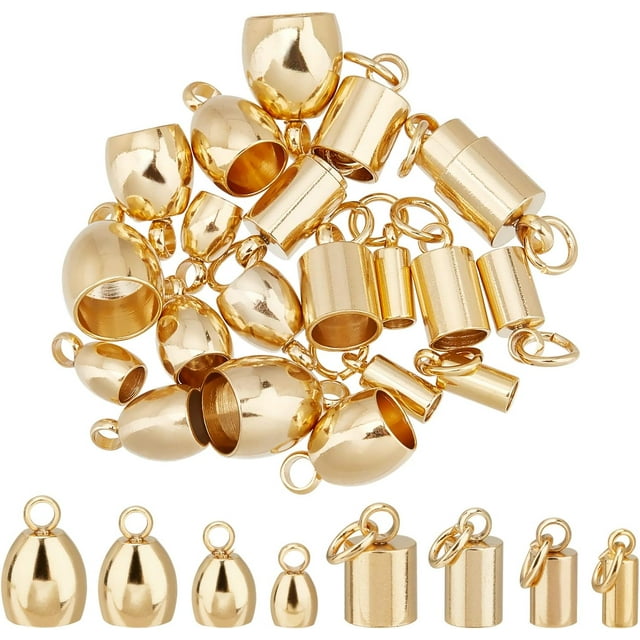 32pcs 8 Styles Stainless Steel Cord Ends 8-11mm Long Column and Barrel Pattern Smooth Cord End Caps Golden Leather Cord Ends Terminators for Jewelry Making