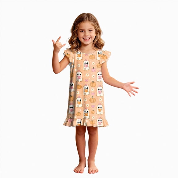 NOLDARES Girls Nightgowns Toddler Princess Soft Halloween Print Pajamas Sleep Dress for Kids(N213-Orange)