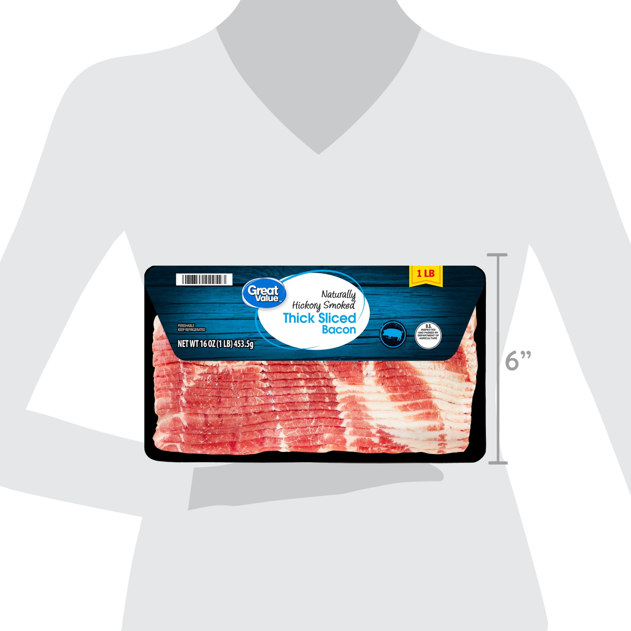 Great Value Naturally Hickory Smoked Thick Cut Sliced Bacon, 16 oz