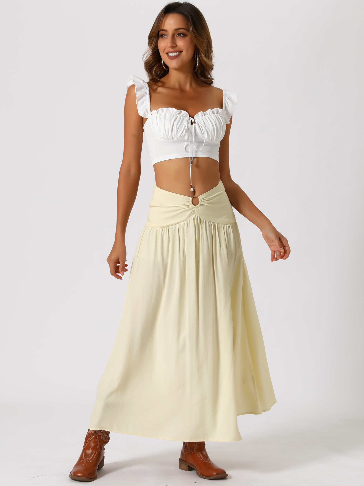 DARING DIVA Women High Waist Split Side Summer Maxi Beach Skirt L Apricot