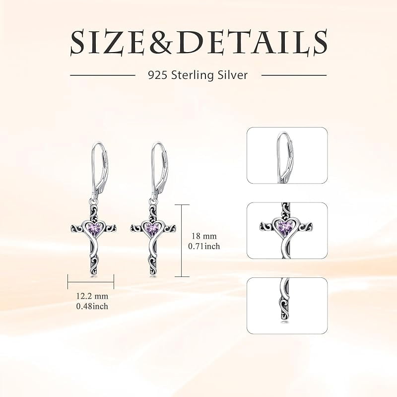JKR Birthstone Cross Earrings 925 Sterling Silver Heart Cross Dangle Drop Earrings Fine Jewelry Birthday Gifts for Women Her Girlfriend