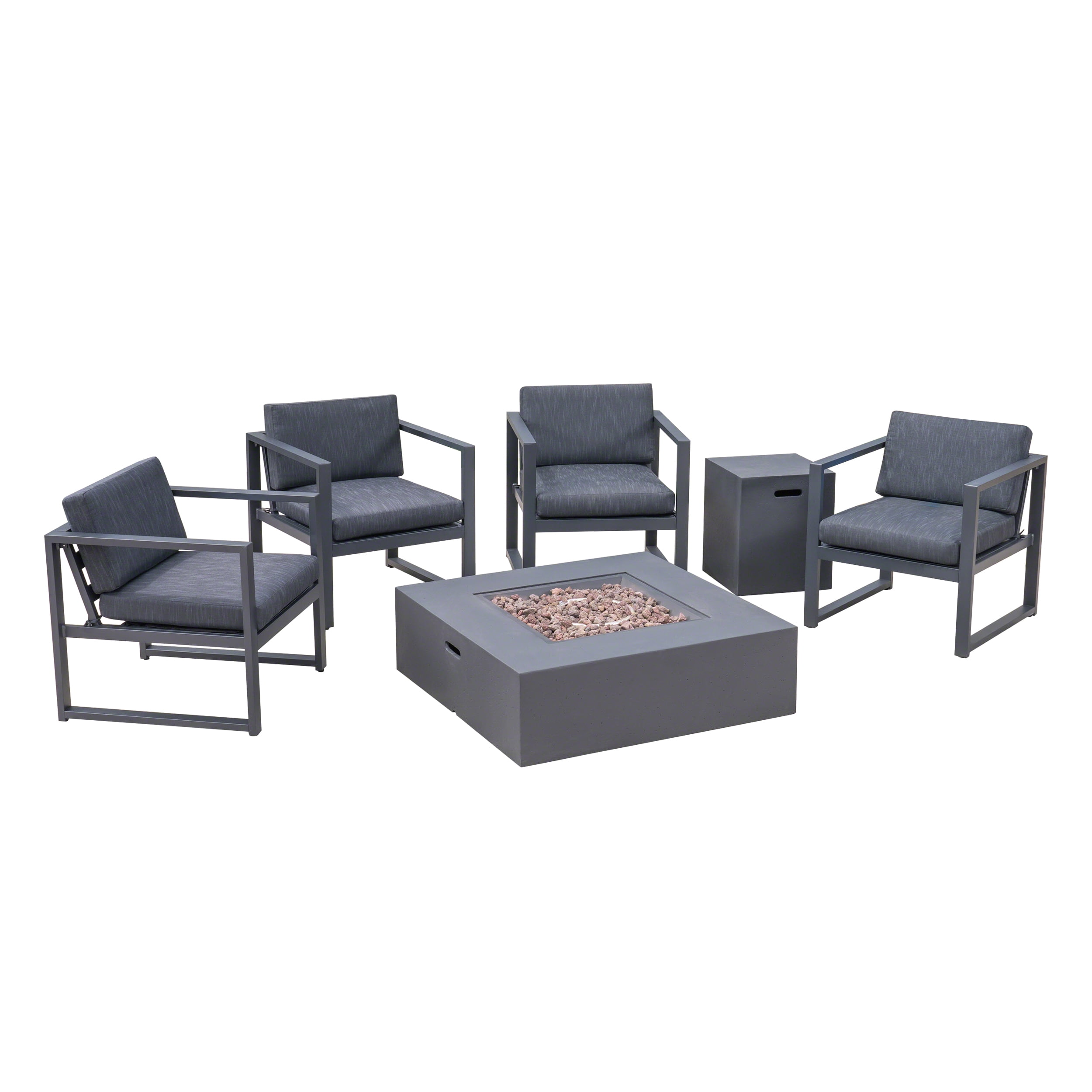 Quentin Outdoor 6 Piece Aluminum Chat Set with Fire Pit and Tank Holder, Black, Dark Gray, Dark Gray