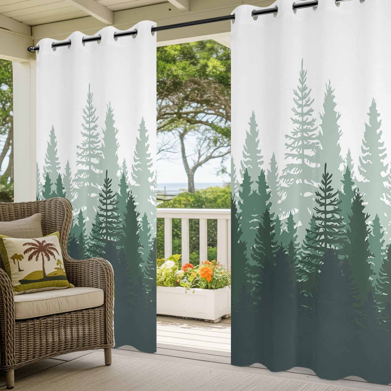 Green Forest Outdoor Curtains for Patio Waterproof, Nature Woodland Tree Misty Forest Silhouette Landscape Grommet Curtains for Porch Outside Privacy Drape for Gazebo Garden Pergola, 1 Panel, 54x84in