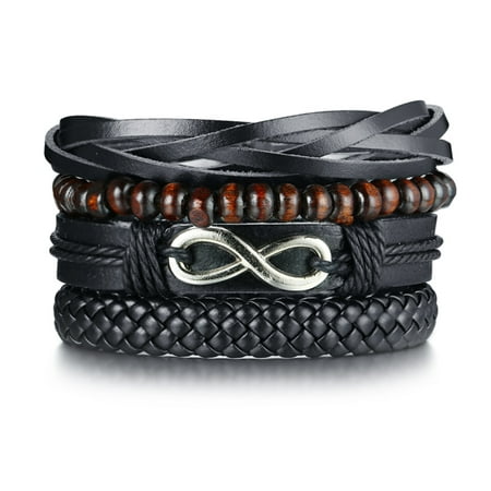 4pcs/set Braided Wrap Bracelets for Men-Black Braided PU Leather,Infinity Charm Bracelet Dad Gifts
