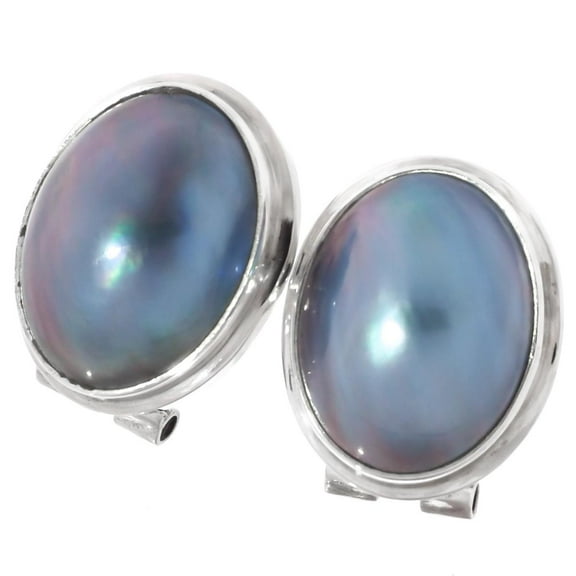 Oval Blue Mabe Cultured Pearl 925 Sterling Silver Omega Stud Earrings, 9/16"