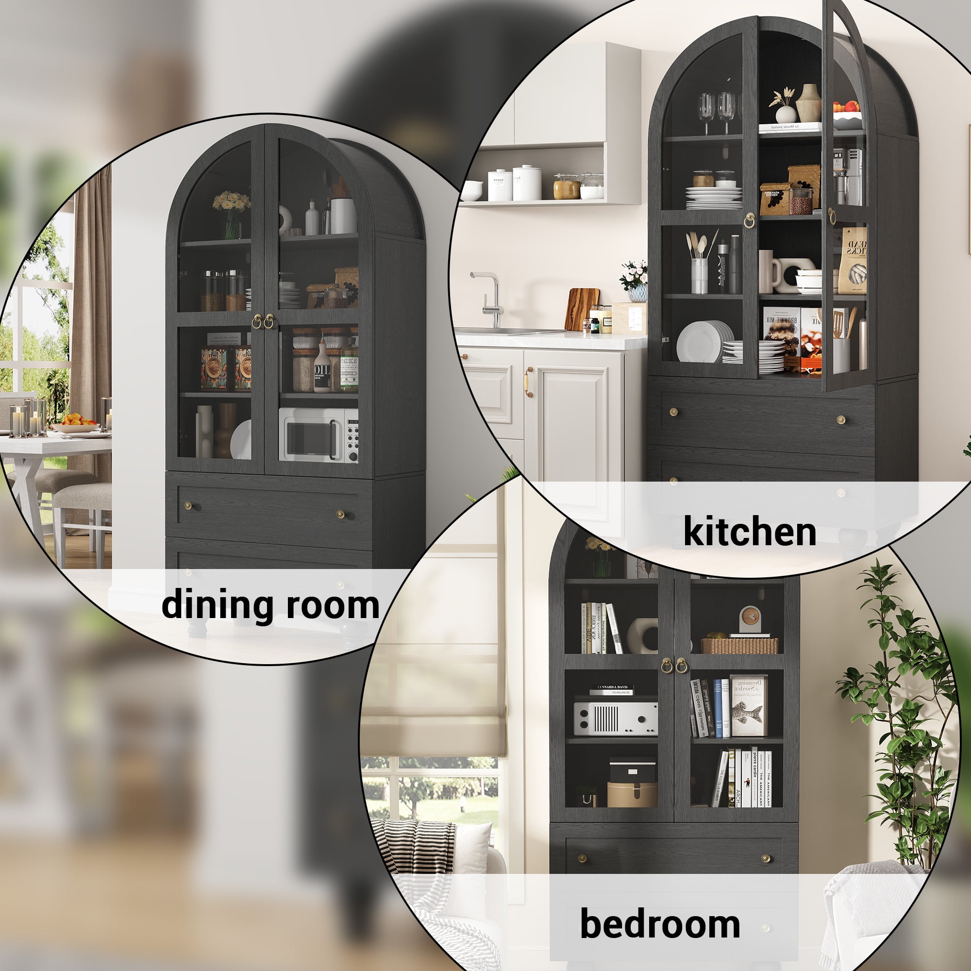 IDEALSOUL Arched Kitchen Pantry Cabinet, 71" Tall Wood Storage Cabinet with 2 Glass Doors, 4 Shelves and 2 Drawers, Food Cabinet for Kitchen, Living Room, Bedroom(Black)