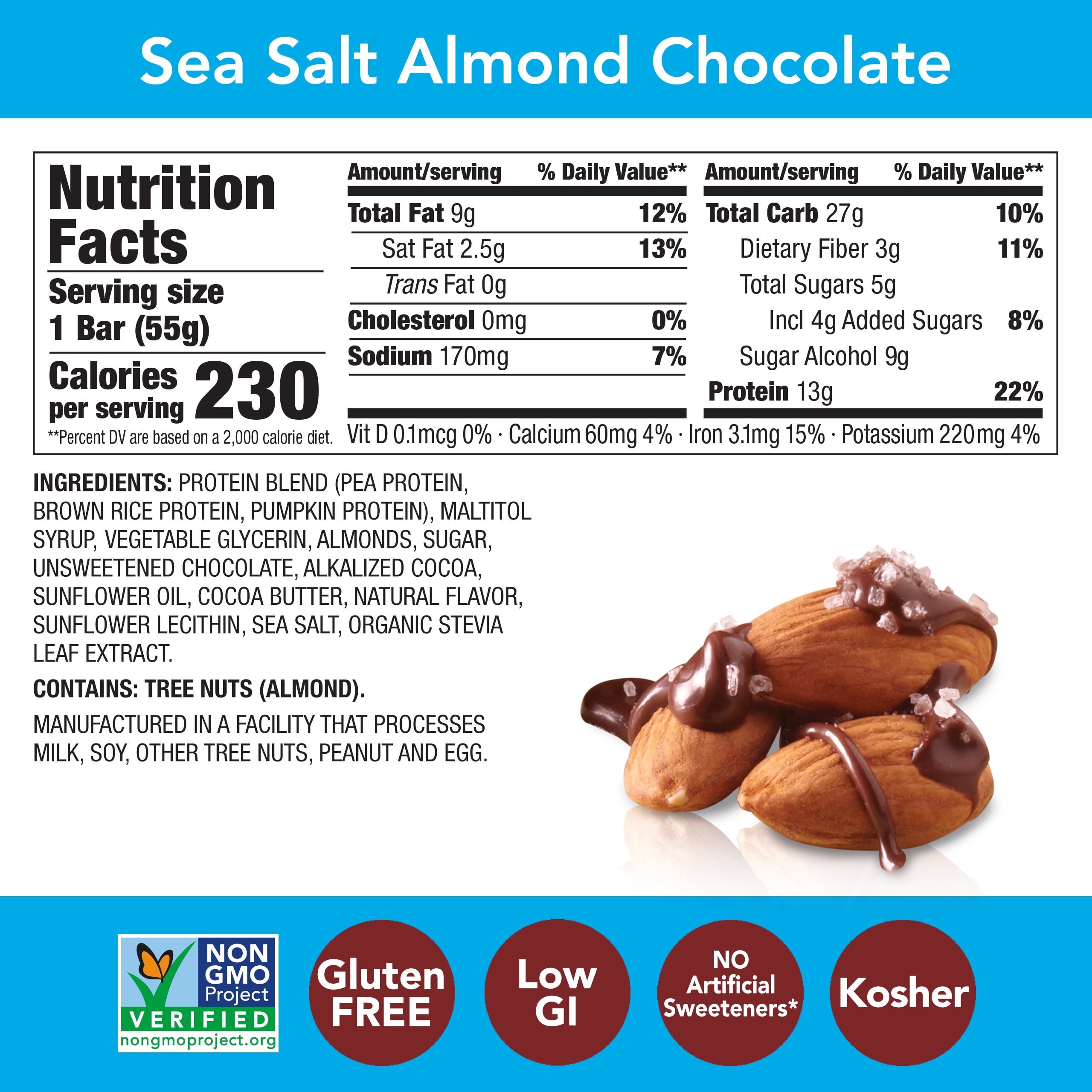 think! High Protein Plant-Based Bars, Sea Salt Almond Chocolate, 1.94 oz Bar, 10 Count