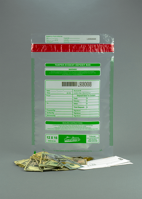 Cashier Depot Tamper Evident Deposit Bags, 12" x 16" Clear, Serialized
