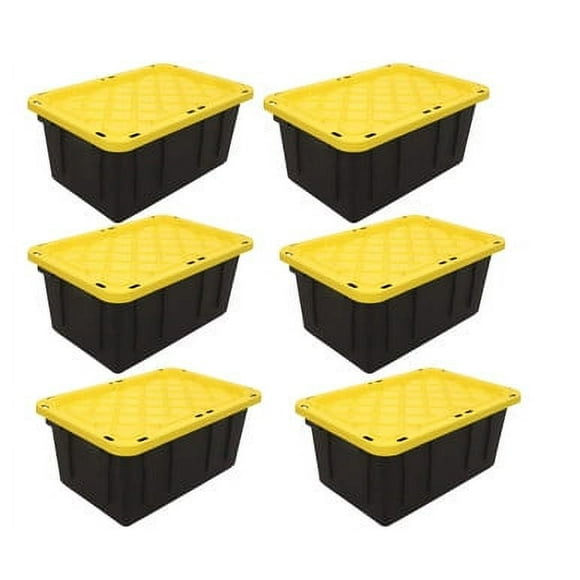 Stackable Strong Tote Bin, Plastic Organizer Box, Black Base & Yellow Snap-on Lid 64L (6/CASE)