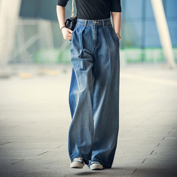 Pantalones vaqueros de cintura alta para mujer, Vaqueros holgados de pierna ancha, ropa de calle recta Vintage coreana, 85kg
