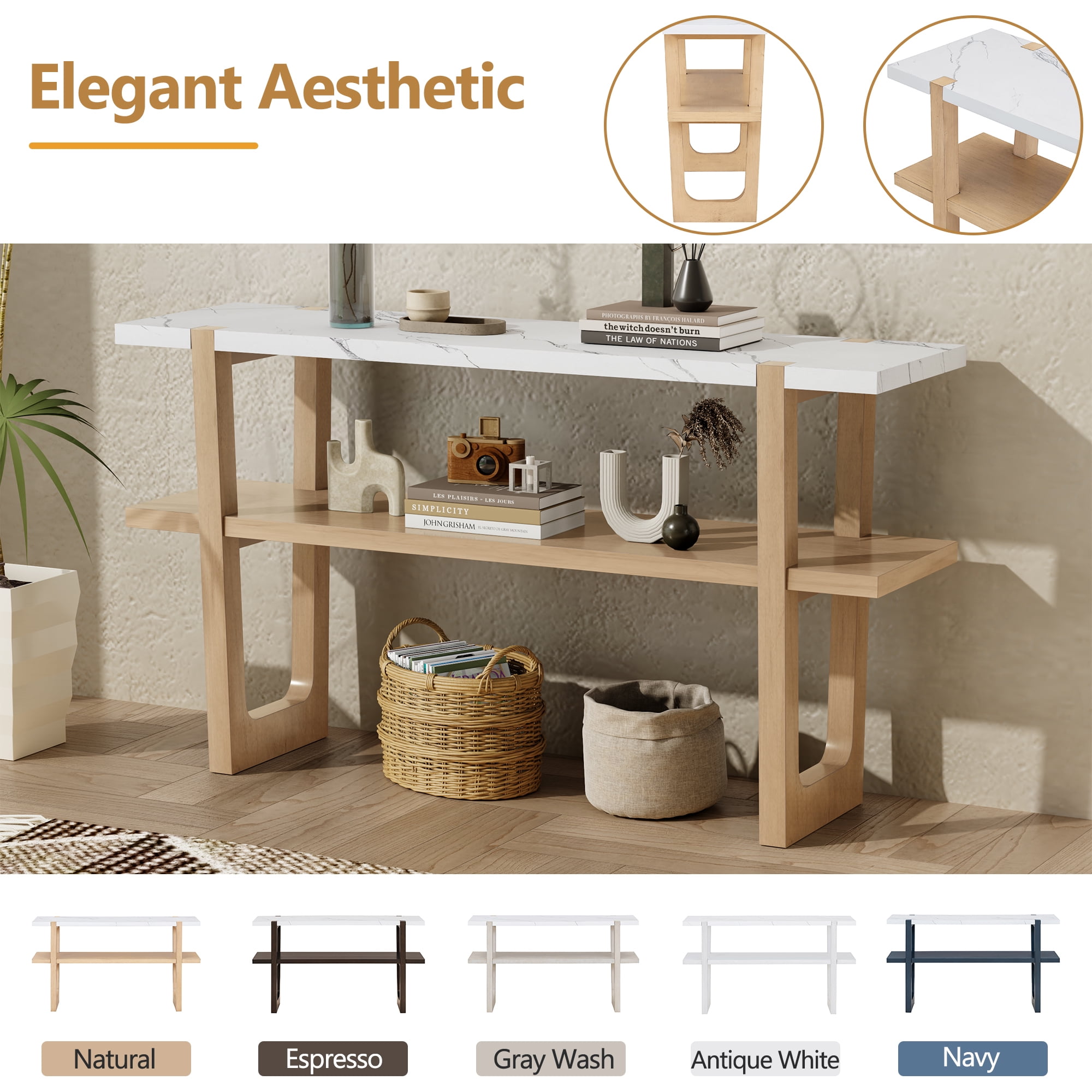 Euroco 54" Long Console Table, Wooden Rectangular Sofa Table Behind the Couch with Open Storage Shelf,Retro Entryway Table for Hallway, Living Room,Natural