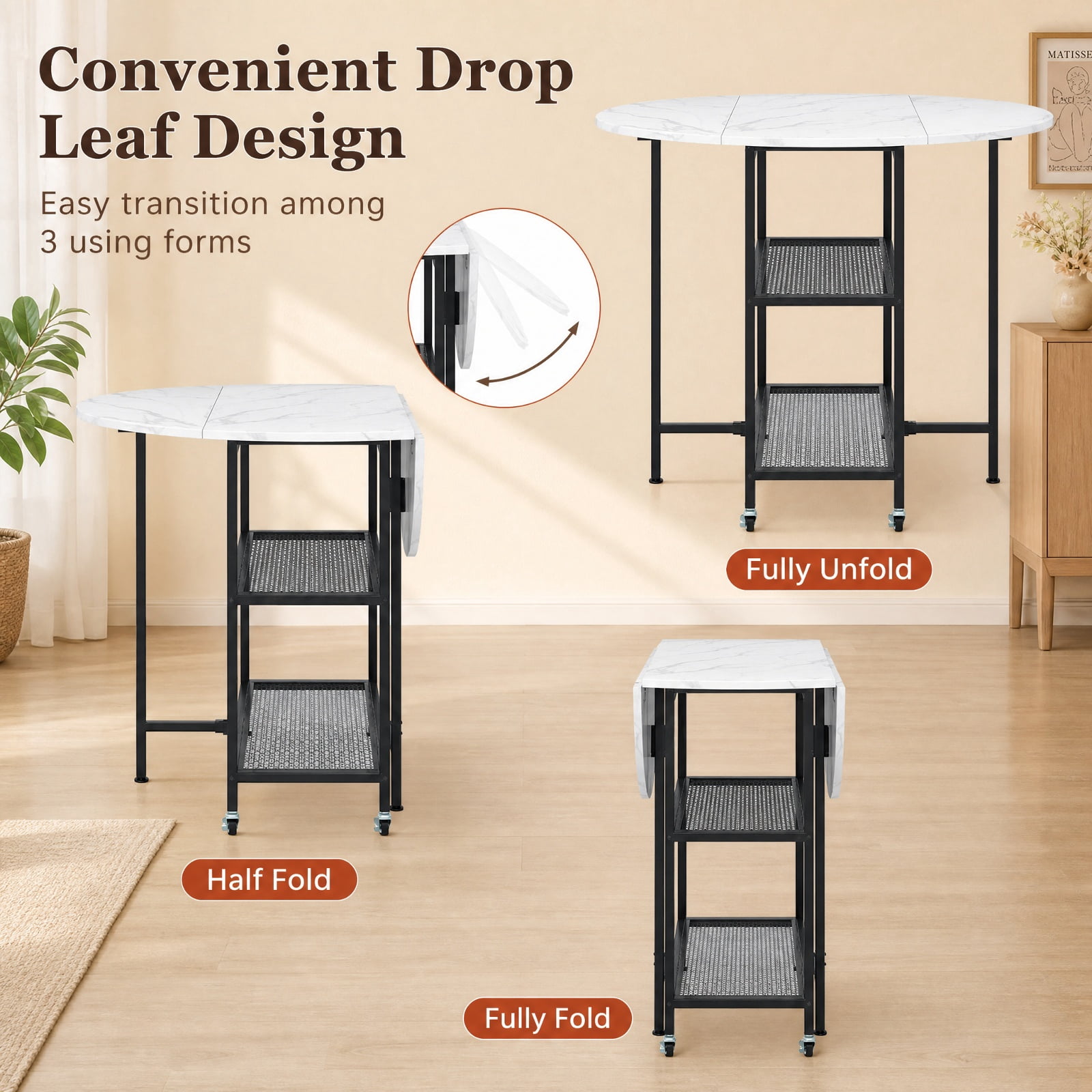 Furnibear Folding Round Dining Table with Lockable Wheels and 2 Storage Shelves and Sturdy Metal Frame for Small Spaces, White
