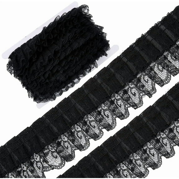 10 Yards Pleated Organza Lace Trim Double Layer Gathered Lace Edge Ribbon 2 Inch Wide Ruffled Tulle Fabric Mesh Edging Trimmings for Applique Embroidered Wedding Dress Sewing Crafts Black Black