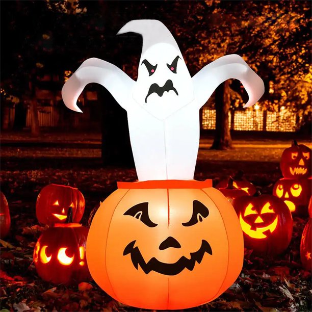 6 ft Halloween Inflatables, Tall Pumpkin Ghost with Builtin LED Lights