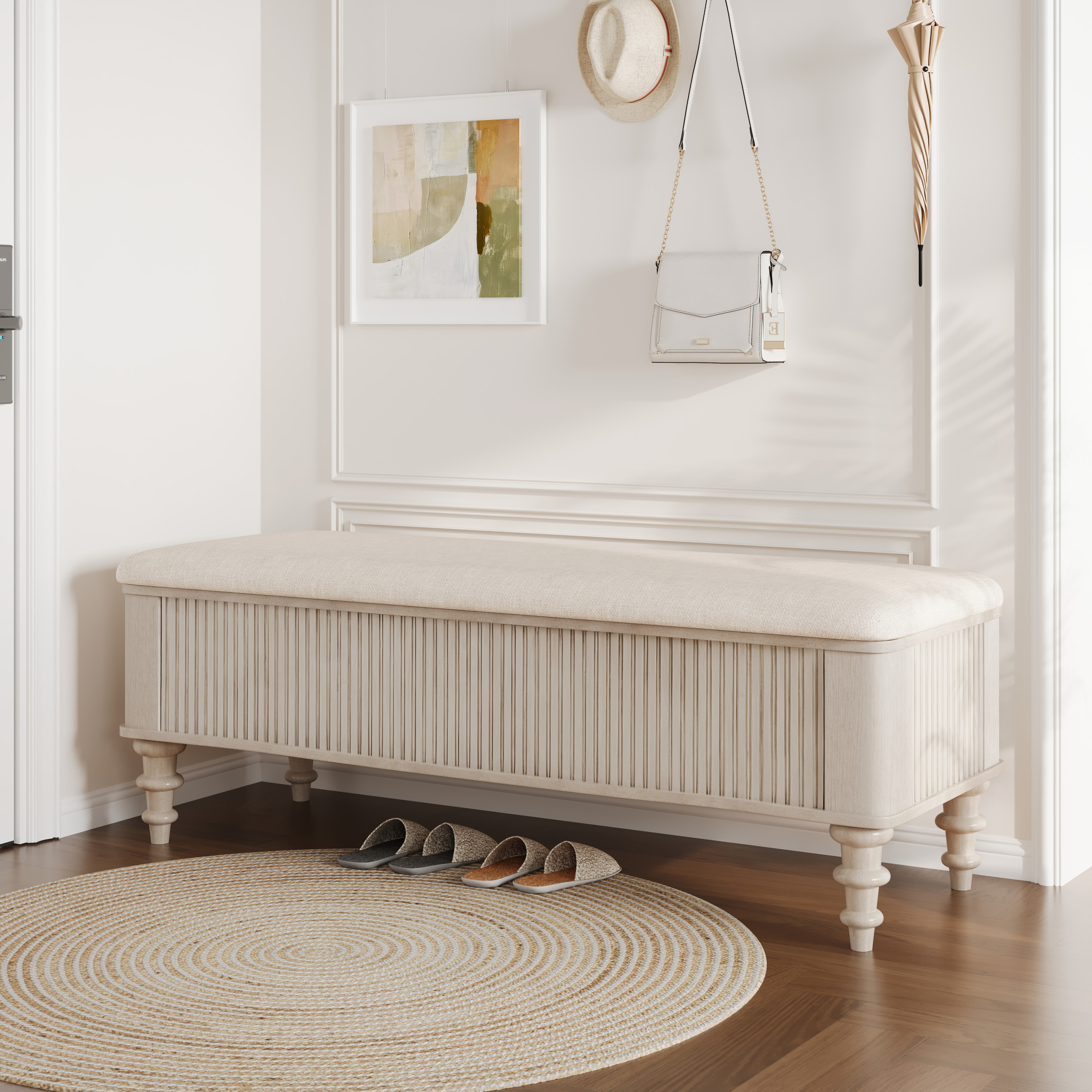 GDF Studio 50.8-Inch Storage Ottoman Bench with Linen Seat, Solid Rubberwood Frame, Beige