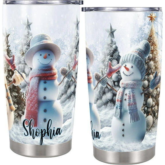 Personalized Snowman Insulated Cup Tumbler with Lid 20oz Stainless Steel Custom Name Travel Coffee Mug Thermos Drinking Funny Christmas Gifts for Women Girls Mom Daughter