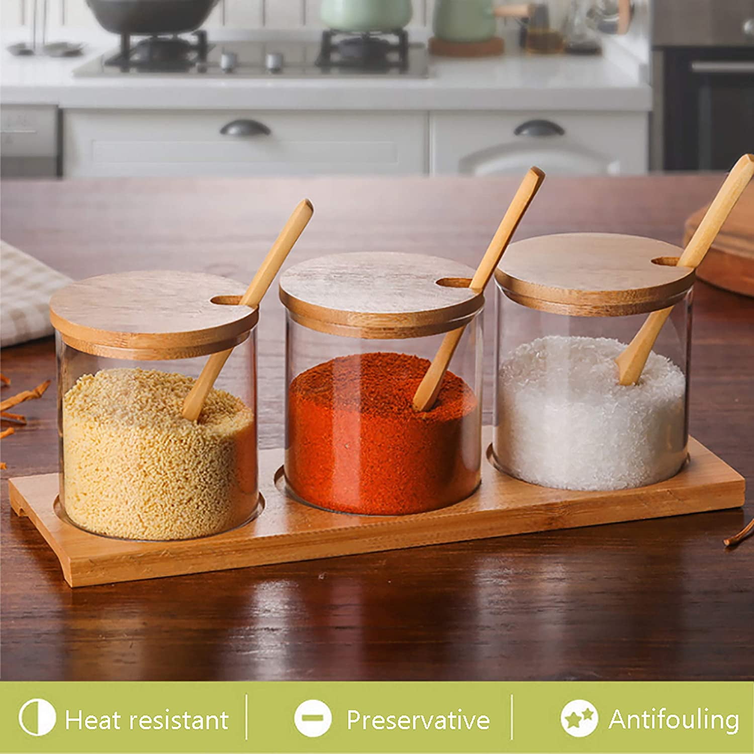 OnePine Lot de 3 Trois Couleurs Pot à épices Sel Spice Jar Condiments boîte Bol à Sucre Cuillère en céramique et Couverture de Bambou