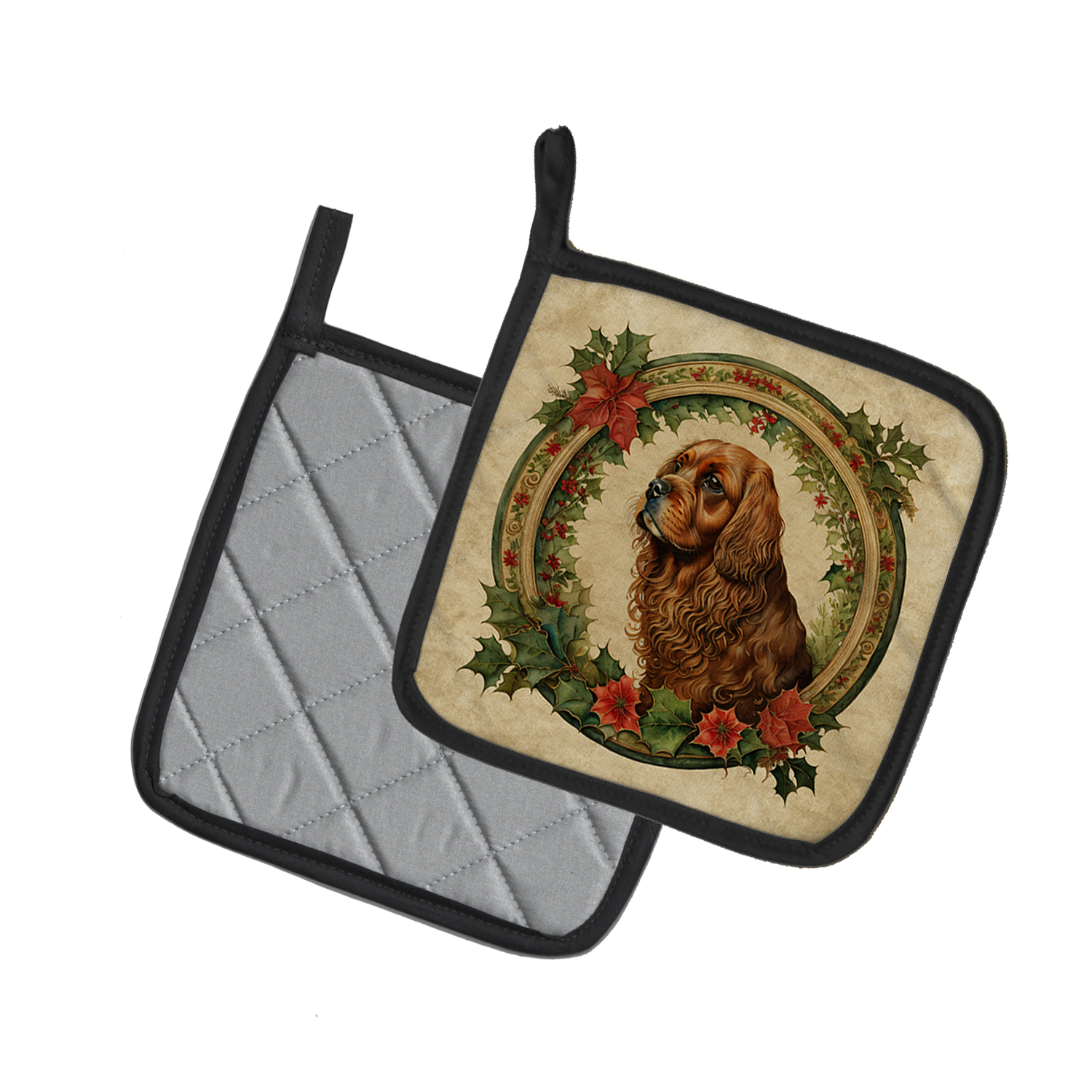 Sussex Spaniel Christmas Flowers Pair of Pot Holders 7.5 in x 7.5 in